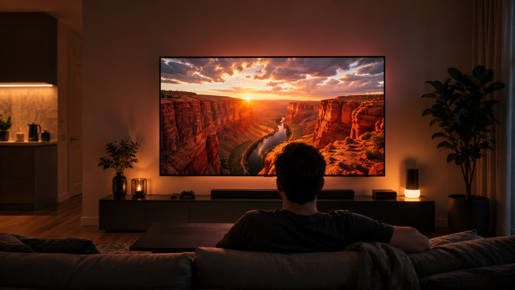 4K HDR 지원 TV에서 넷플릭스 프리미엄 콘텐츠를 재생하는 거실 장면