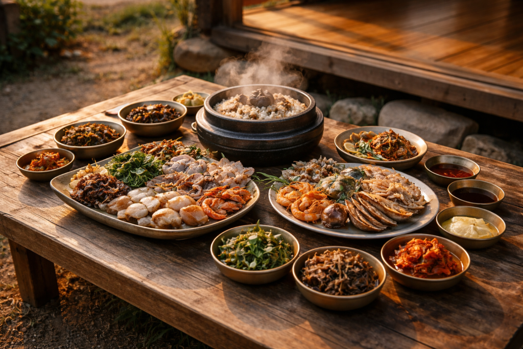 시골집 마당 평상에 차려진 제철 해산물 한 상