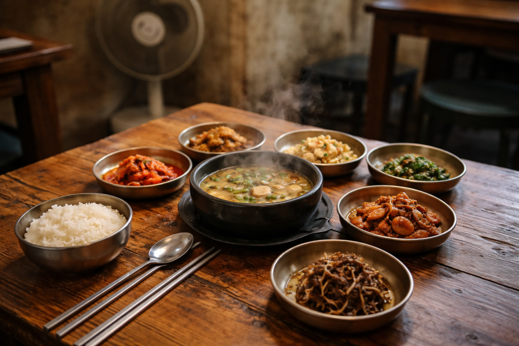 핸썸가이즈 다시보기 노포 식당 테이블에 차려진 반찬 접시