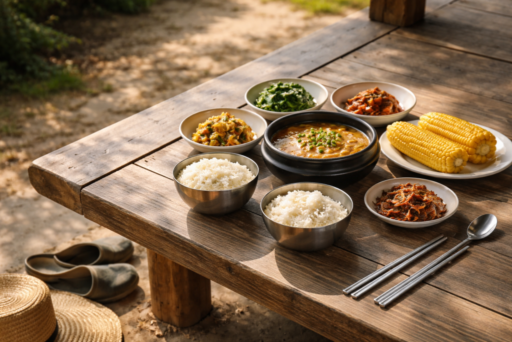 마당 평상에 차려진 시골 밥상과 나물 반찬