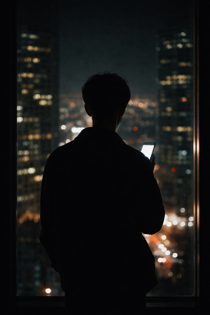 야근 중인 사무실 창가에서 도시를 내려다보는 뒷모습